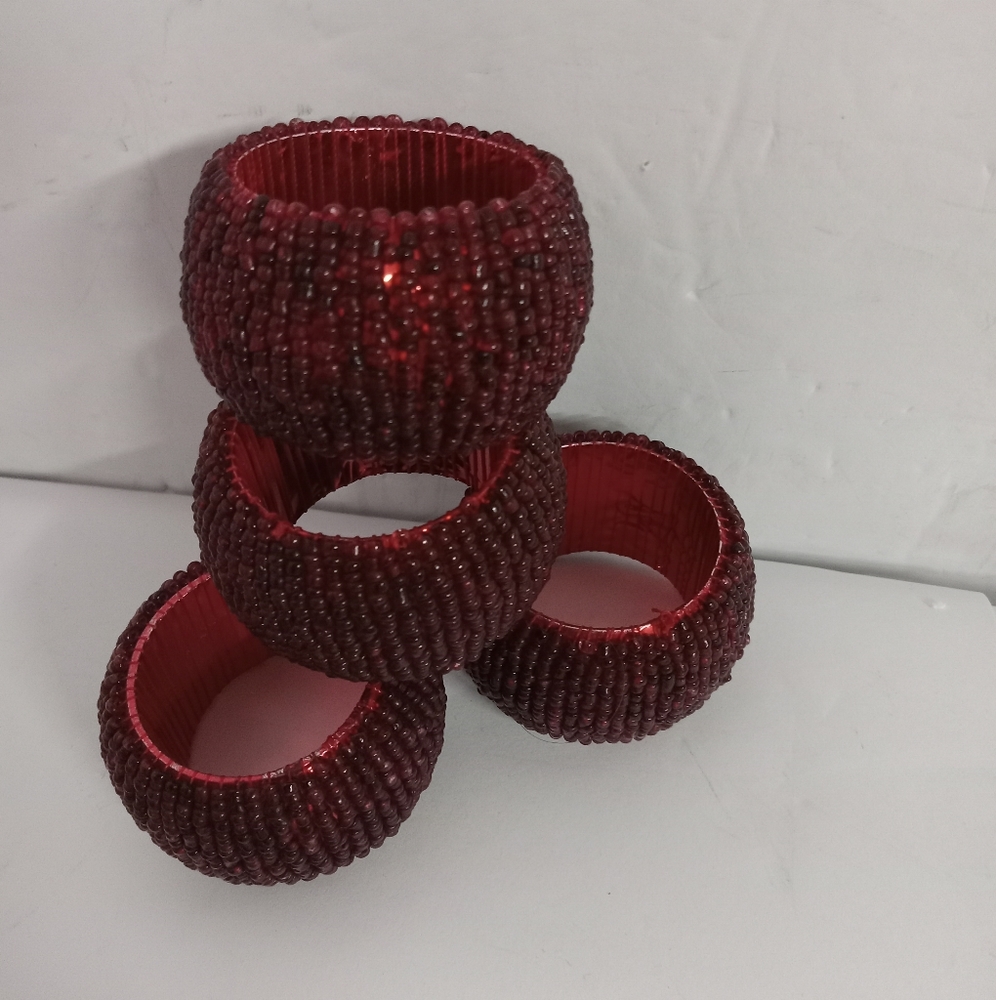 Napkin Rings Woven Glass Beaded Ruby Red Set of 4